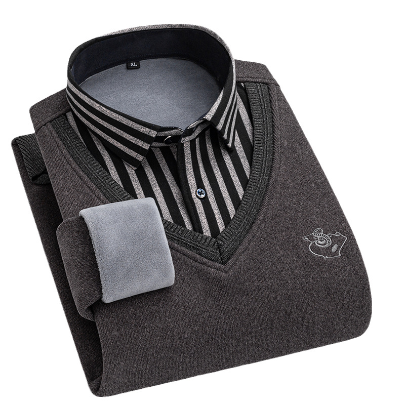 Young and Middle-Aged Men's Fleece-Lined Shirt with a Fake Two-Piece Collar, Suitable for Business Casual Wear, Long-Sleeved, Thickened and Warm