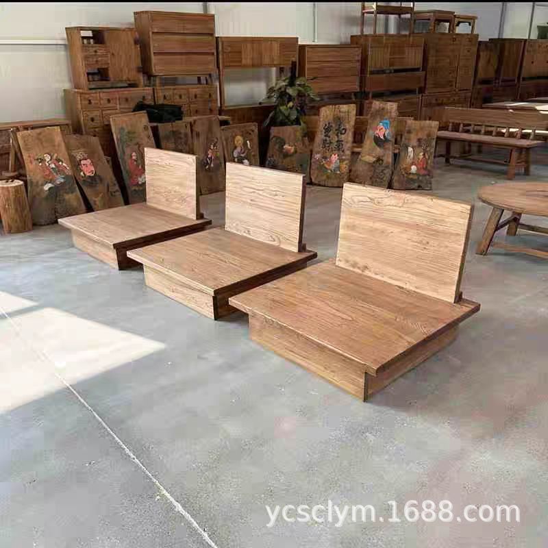 Quiet Wind Old Elm Straight Row Sofa Solid Wood Living Room Sofa Tatami Bed Mortise and Tenon Joint Floor Sofa Bed Homestay