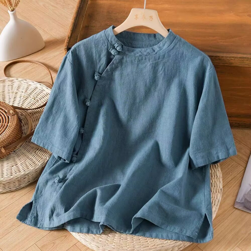New 2025 Linen Short-Sleeved T-Shirt for Women with Slanted Placket and Buttons, Literary Retro