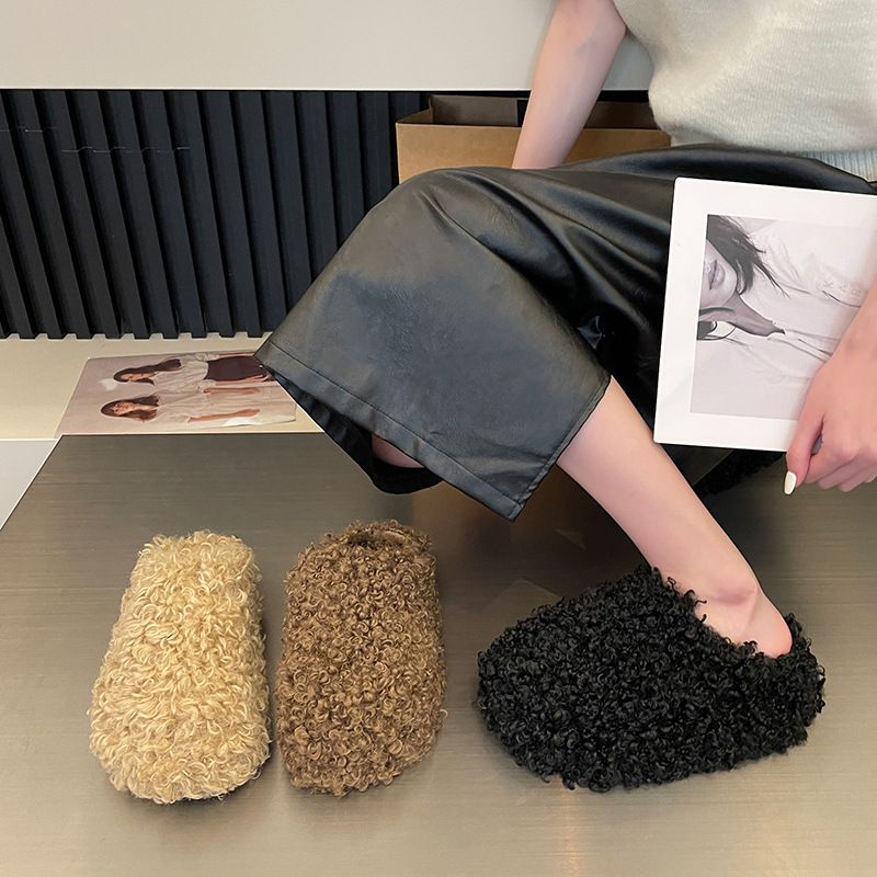 plus size Thick-soled Curly Wool Slippers Women's Autumn and Winter Outfit 2025 New Korean Style Slippers