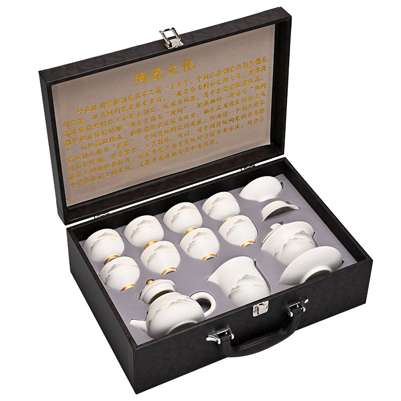 Light Luxury Mutton-Fat Jade Gold-Painted Bowl Teapot Tea Set High-End Kung Fu Tea Set Set for Home Use Wholesale