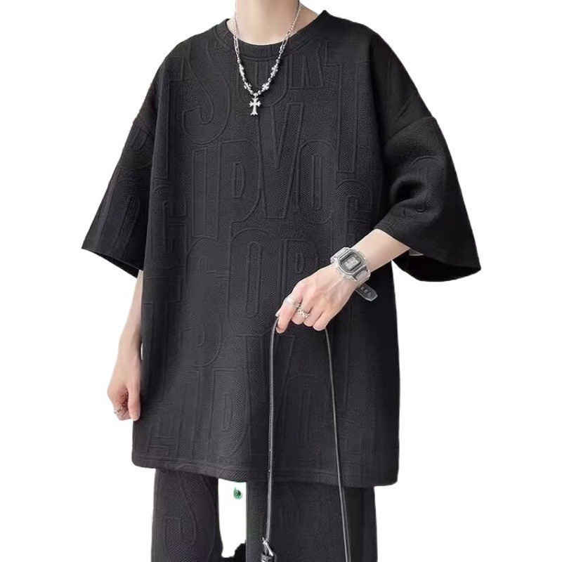 Foreign Trade Popular Large Size Suit T-Shirt for Boys Short-Sleeved Summer Tops Versatile Loose Half-Sleeved Three-Quarter Sleeves for Men