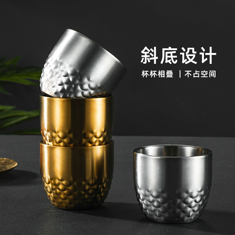 Cross-Border Creative 304 Stainless Steel Double-Layer Cup Hotel Commercial Insulated Anti-Scalding Tea Cup Exquisite Mini Wine Cup
