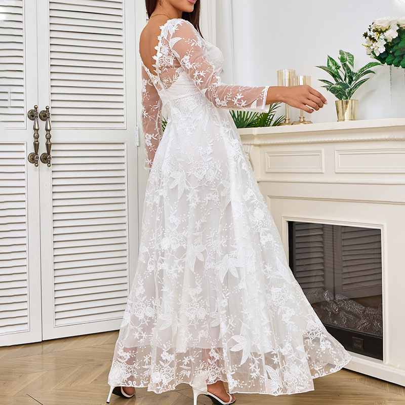 2025 Cross-Border Spring New European and American Clothing Amazon Long-Sleeved One-Shoulder Bridal Wedding Dress Long Skirt
