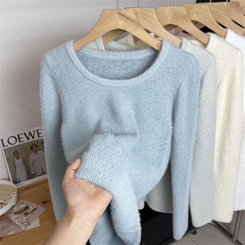 in stock Autumn and Winter Pregnant Women's fleece-lined Thickened Warm Double-sided Mink Fleece Crewneck Base Pregnant Women's plus size Sweater