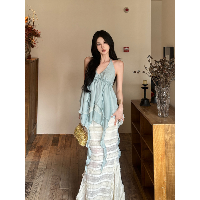 Real Shot of Ready-Made Asymmetrical Splicing Lace Ribbon Halterneck Halter Top + Skirt