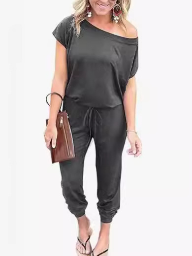 2024 European and American Cross-border Spring and Summer Fashion Slanted Shoulder Short-sleeved Flap Pocket Pants Women's Jumpsuit