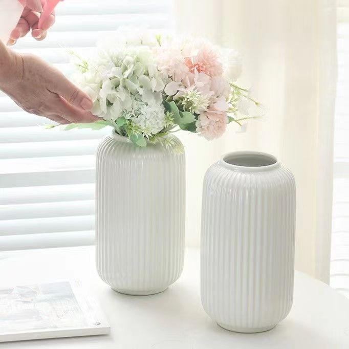 White Vertical Pattern Ceramic Handmade Flower New Year Vase Stripe Suijia Inner and Outer Glazed Simple Ornaments Hydroponic