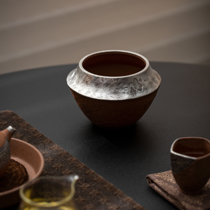 Old Pottery Mud Silver Retro Guofeng Jianshui Tea Washing Crude Pottery Desktop Tea Dregs Tank Household Water Pontoon Cup Washing Tea Ceremony Accessories