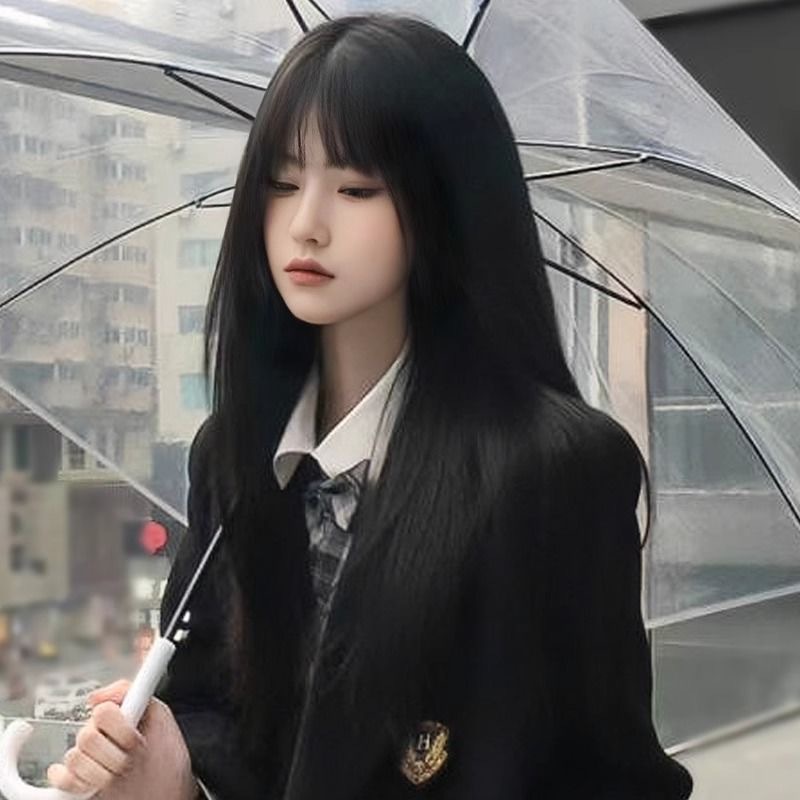 Black Long Straight Wig Women's Long Hair Simulation Zhang Yuanying Same Type Fujiang cos Qi Bangs Universal Wig Full Head Cover