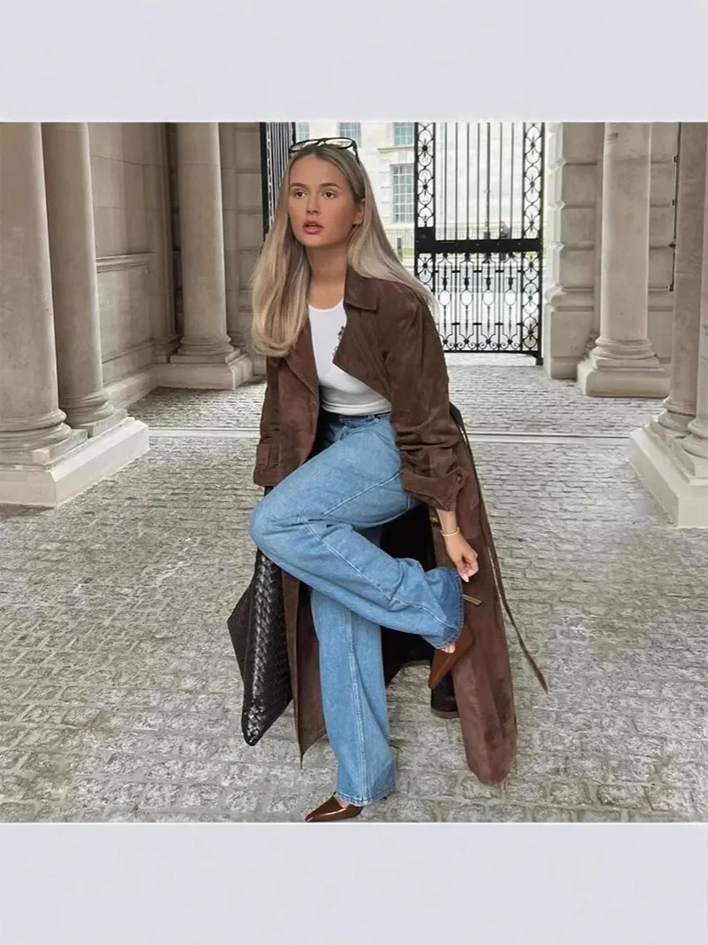 Spot Cross-Border European and American Autumn and Winter Women's Retro Loose Long-Sleeved Belt Double-Breasted Windbreaker Jacket