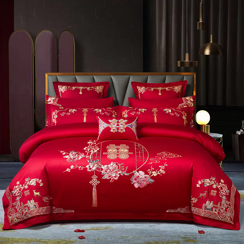 Xinjiang Long-staple Cotton Wedding Four-piece Set Big Red Embroidered Pure Cotton Embroidered Quilt Cover Bed Sheet Wedding Bedding