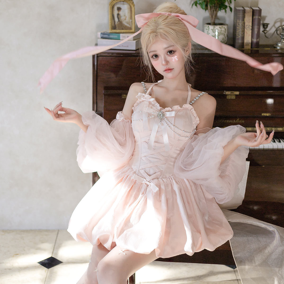 Bear Doujiang Original Fugitive Princess Lolita Female Lolita Sleeves Suspender Skirt Cute and Sweet Suit 7277