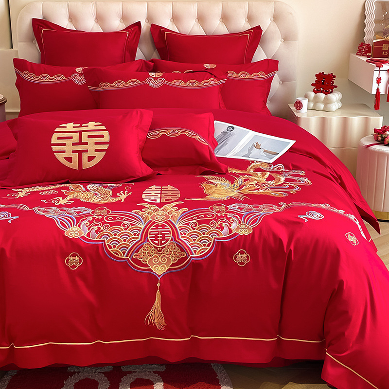 High-grade wedding quilt cover four-piece set sanding bed sheet Longfengxi bedding large wedding cotton red embroidery