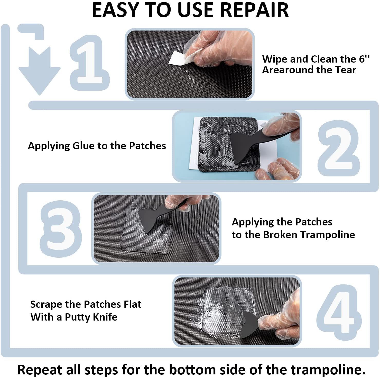 Trampoline patch repair kit 4 "X 4" square patch | Repair tearing or holes in trampoline pad