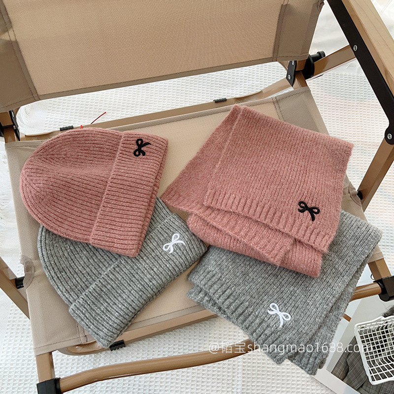 ~ Korean cute bow embroidery children's knitted hat scarf 2-piece solid color girl baby all-match set