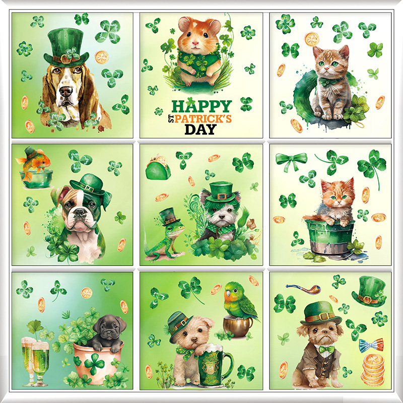 Irish St. Patrick's Day Shopping Mall Shop Window Decoration Electrostatic Window Stickers Four-Leaf Clover Wall Stickers Customization