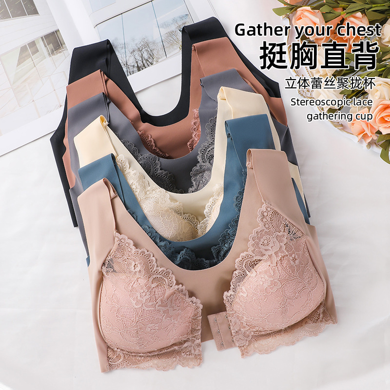 TEMU Explosions European and American Cross-border plus size Gather Front Buckle Bra Fixed Cup Lace Vest Bra Ladies