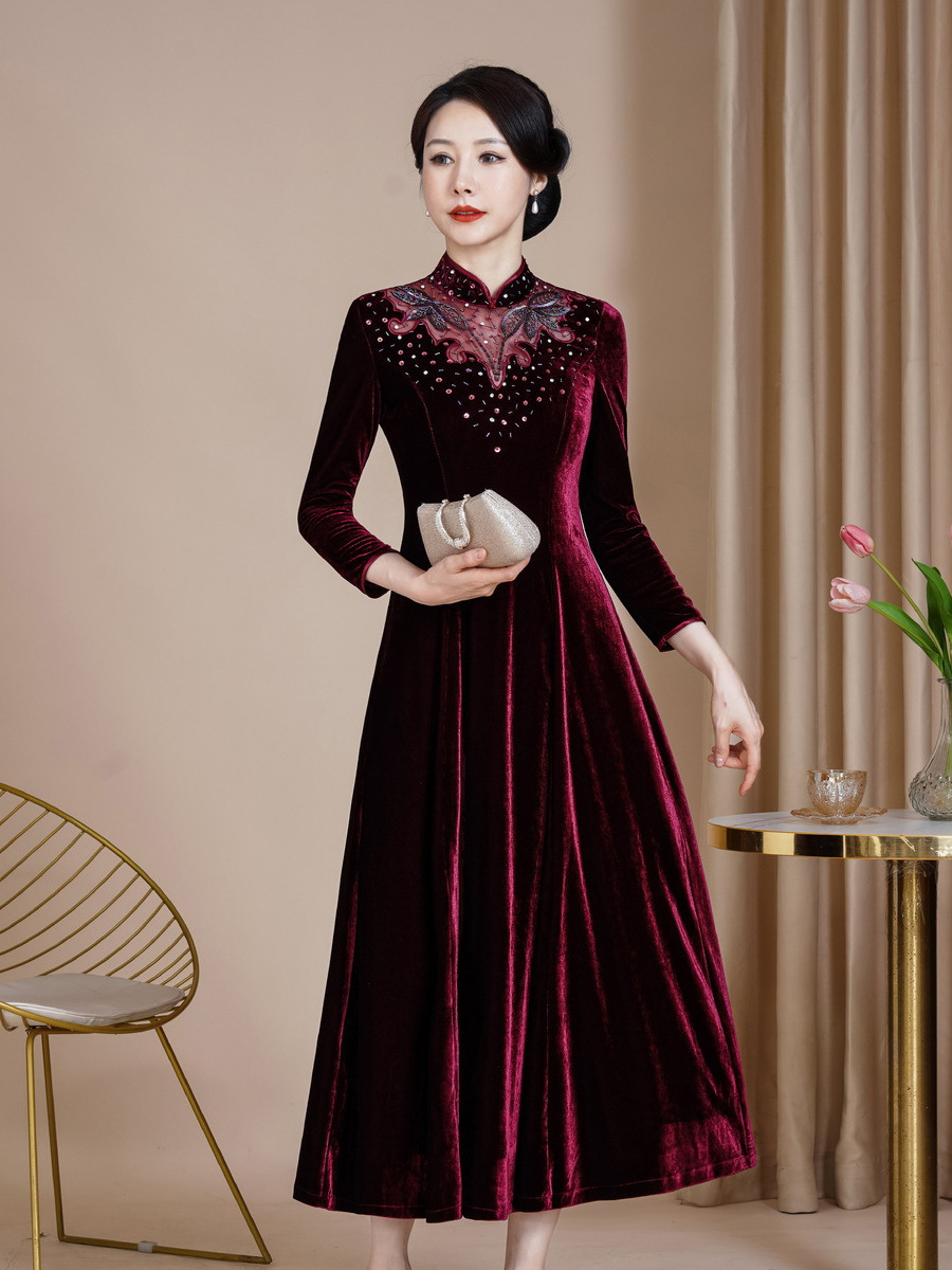 Новое платье с большим размахом 2024, улучшенное бархатное платье чунцзян, большие размеры, свадебное платье для счастливой матери, длинное платье для свекрови