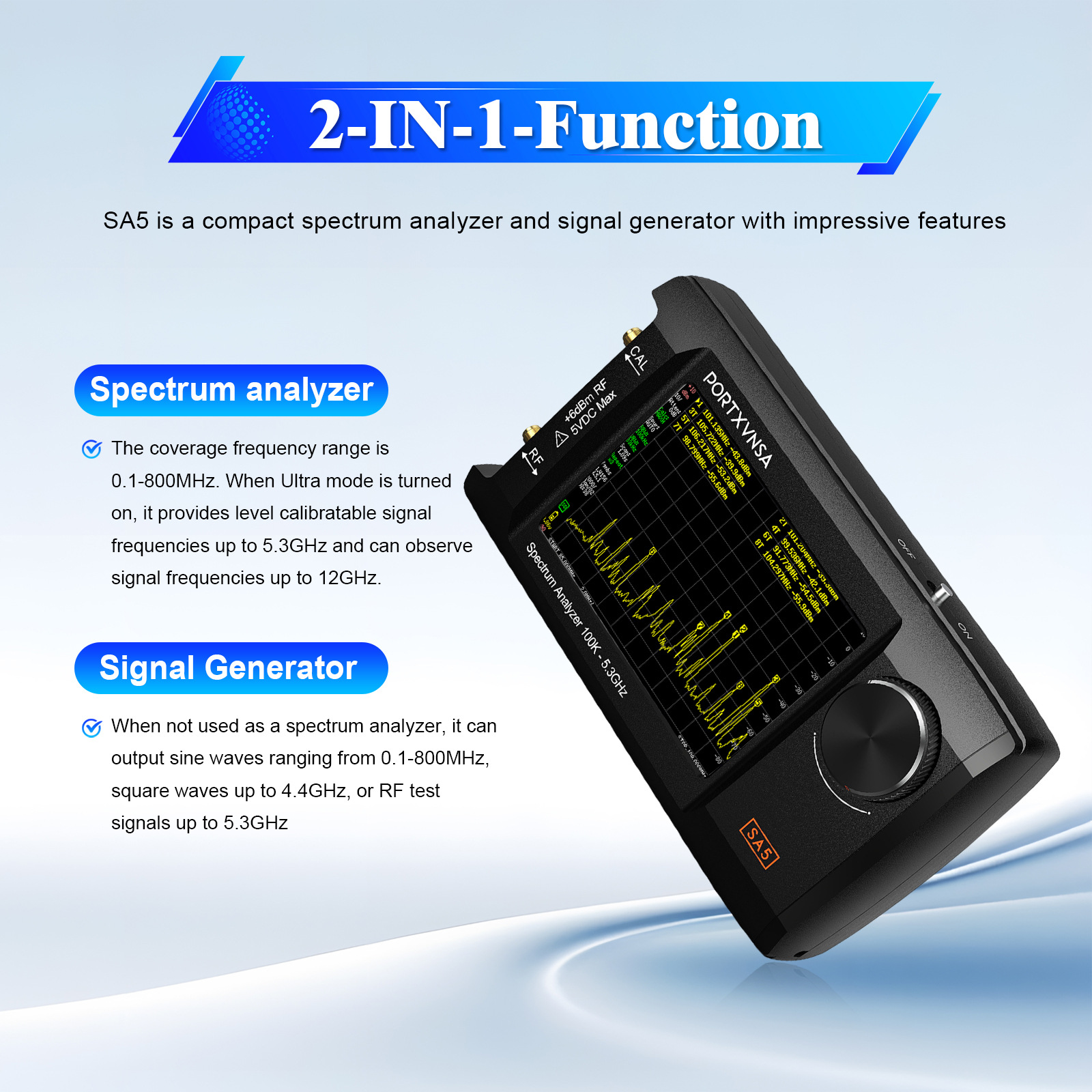4 inch IPS LCD SA5 multi-function handheld spectrum analyzer 100k-5.3GHz signal generator