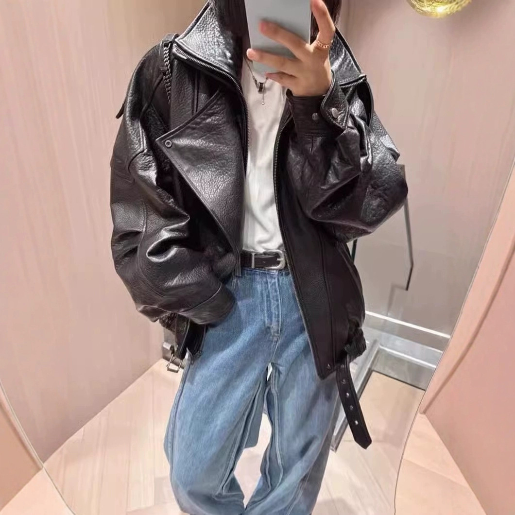Cross-Border Lamb Leather Motorcycle Jacket Loose Pu Leather Oversize New High-End Simple Early Autumn Coat