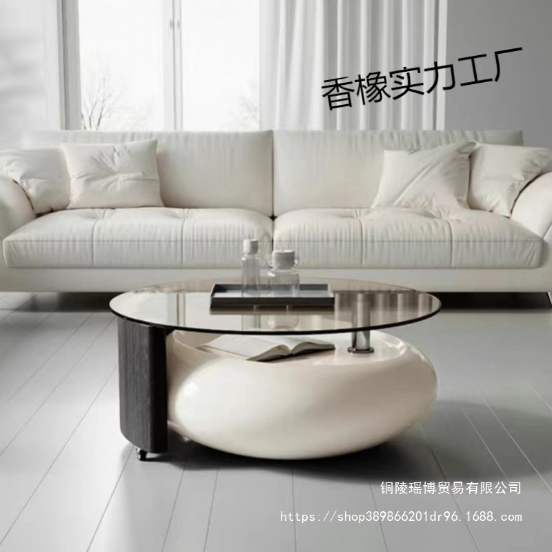 Rotating Cream Style Coffee Table Small Apartment Living Room Designer Light Luxury High-End Round Tempered Glass Coffee Table Combination