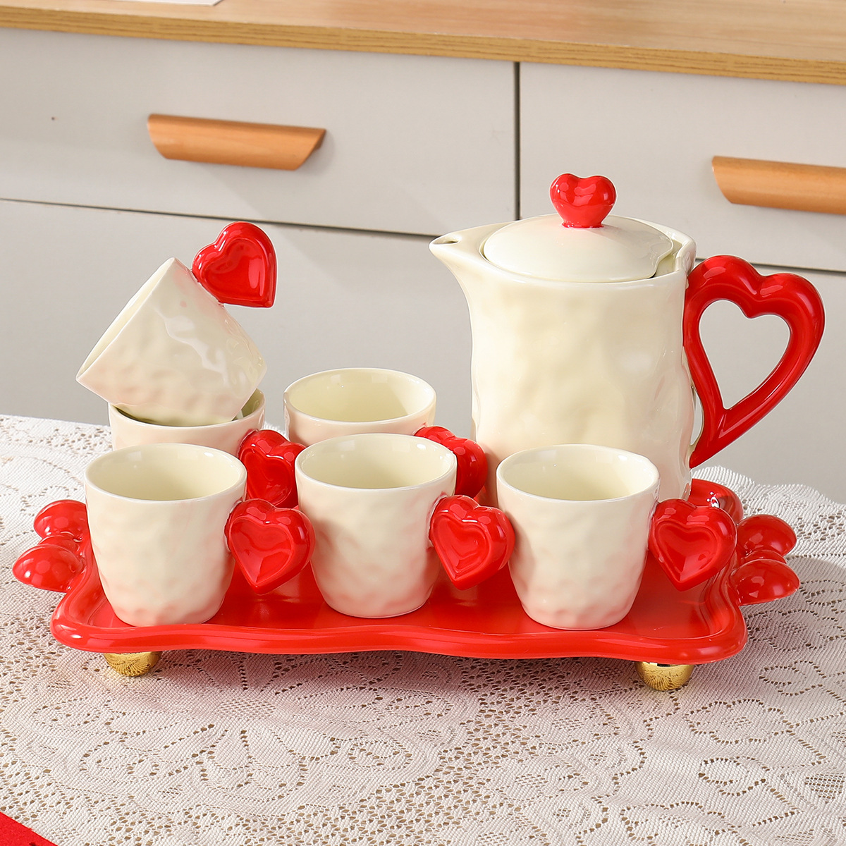 Creative Household Ceramic Set, Love Water Cup, Water Kettle, Newlywed High-Looking Tea Set, Water Set, Gift Girl Teapot