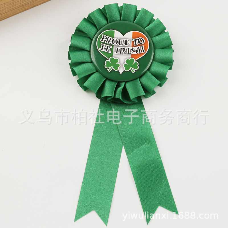 Cross-border supply tinplate holiday party corsage Clover Irish festival badge layout decorative ribbon badge