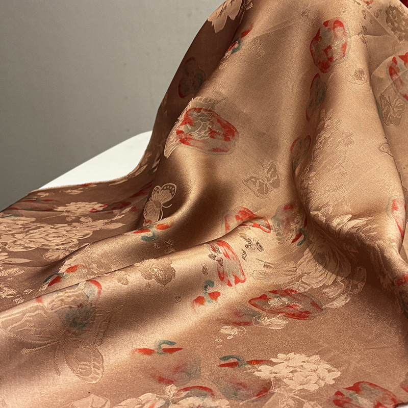 Butterfly Rose Jacquard Pattern Silk Fabric Mulberry Silk Interwoven Printed Cheongsam Clothing Fabric Factory Direct Sale