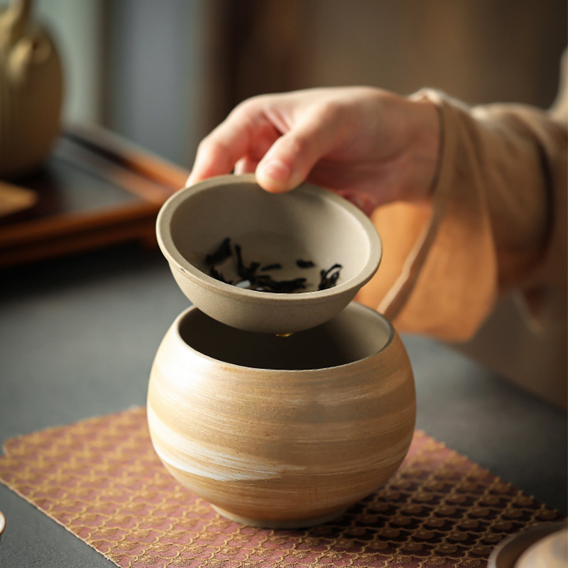 Coarse Pottery Tea Washing Tea Residue Tank Household Ceramic with Lid Built Water Tea Bowl Water Basin Japanese Retro Water Washing Pen Washing Pot Holder