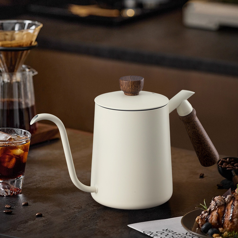 creamy-white 600ML Hand Pot Solid Wood Handle 304 Stainless Steel Thickened Material Coffee Hand Pot in stock