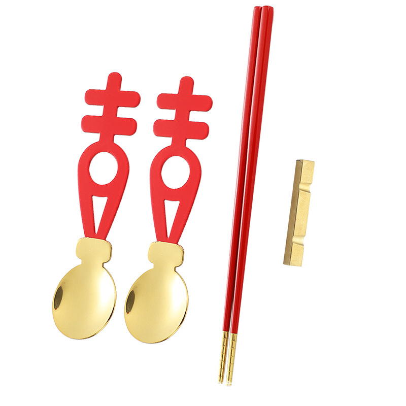 Chinese Style Creative Stainless Steel Wedding Accompanying Gift Red Double Happiness Spoon Set New Year National Fashion Wedding Red Chopsticks