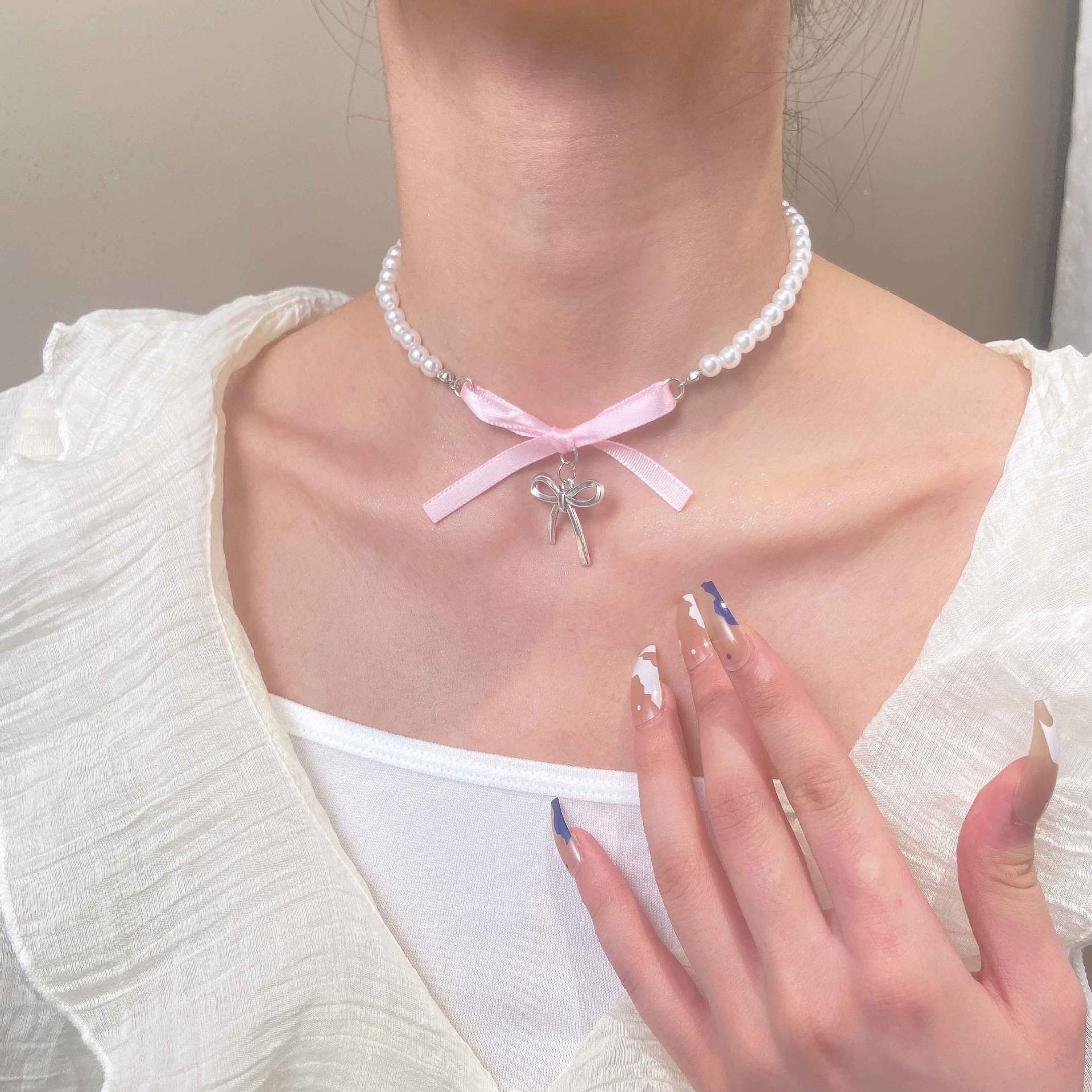 Cross-border Hot-selling Export Jewelry European and American Fashion Versatile Pearl Heart Pink Bow Clavicle Chain Necklace