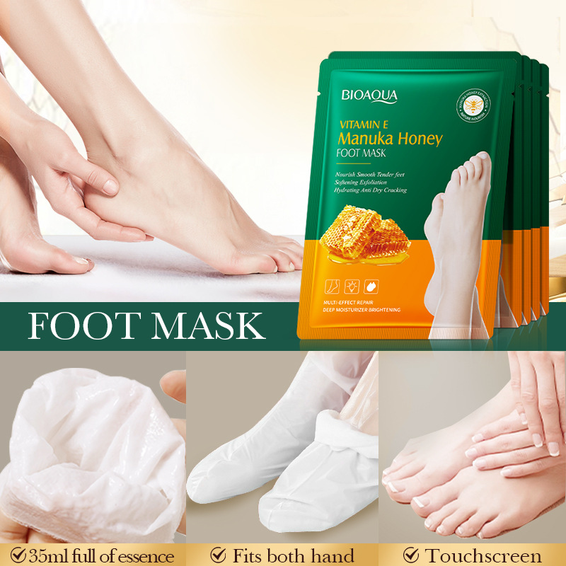 Full English Foot Mask Bioaoua Vitamin E Manuka Honey Nourishing Foot Mask Autumn and Winter Cross-Border Export Wholesale