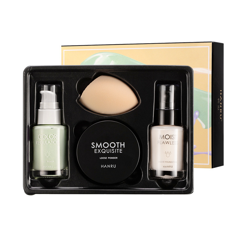 Han Ruuchu Beauty Base Makeup Four-Piece Set Isolation Cream Makeup Primer Three-In-One Makeup Loose Powder Cross-Border Makeup