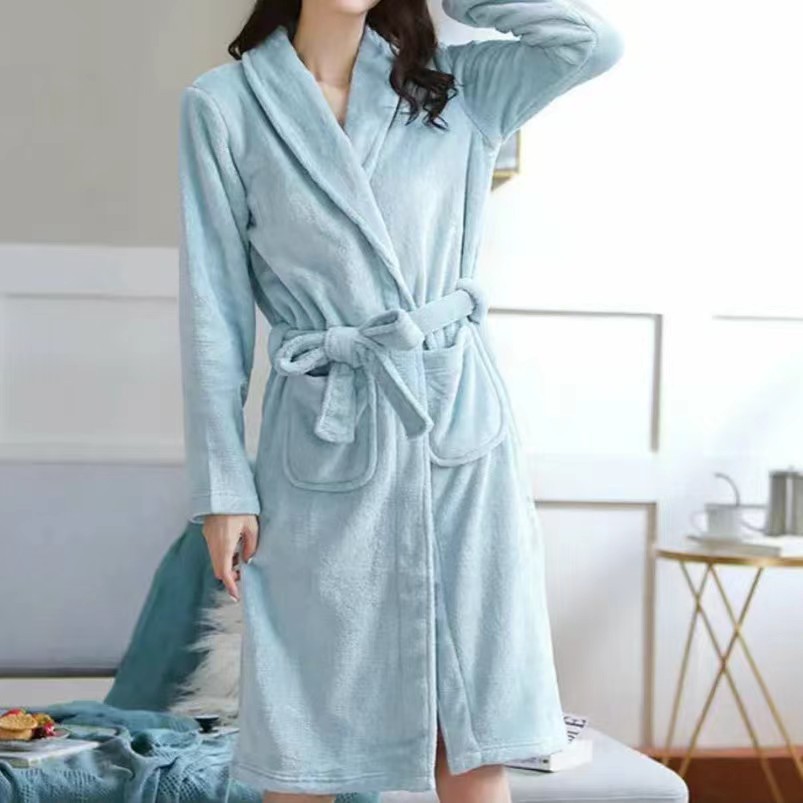 Spring and Autumn Flannel Casual Home Pajamas Winter Simple Fashionable Bathrobe Coral Fleece Lined and Fat Loose Nightgown