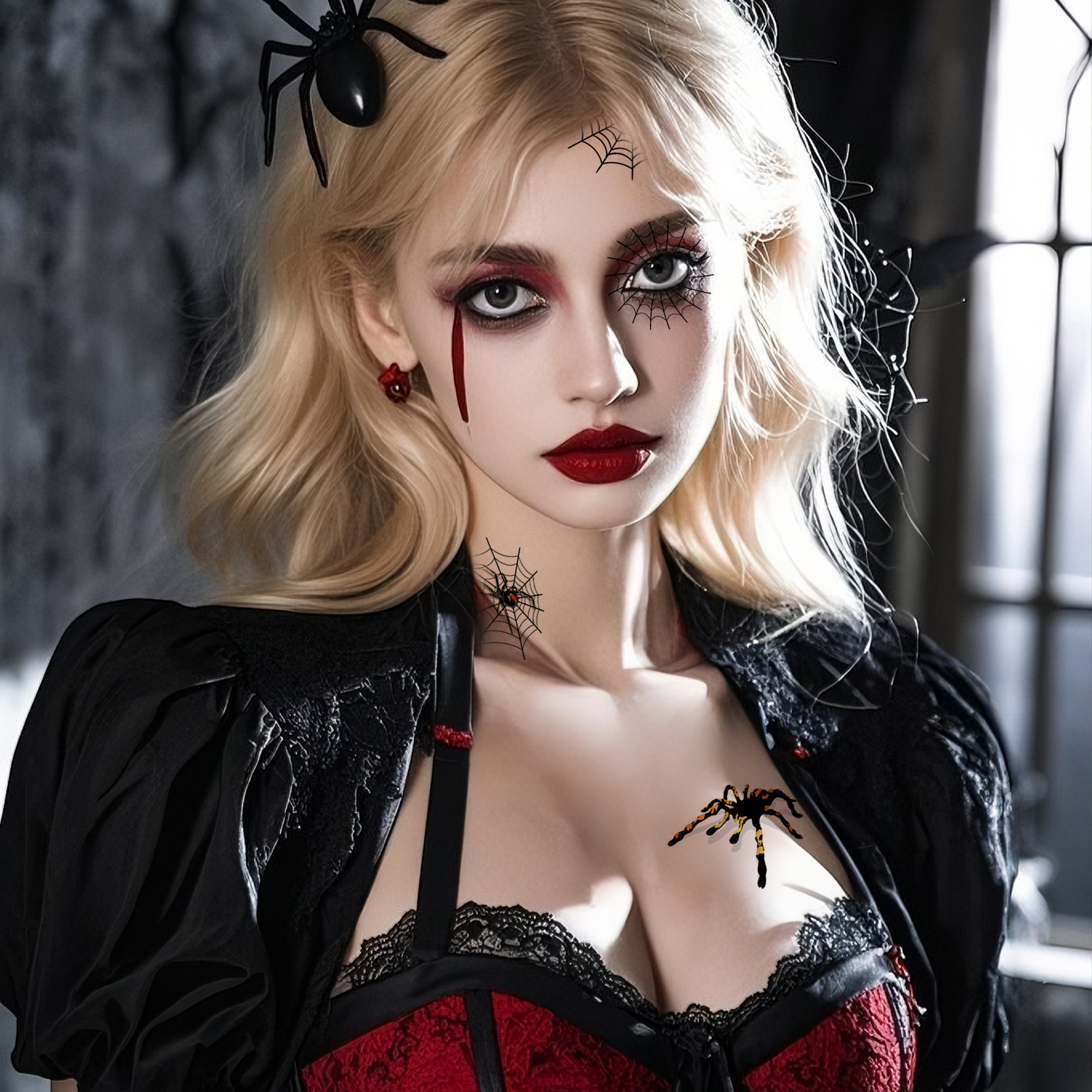 Cross-Border New Waterproof and Sweat-Proof Funny 3D Spider Tattoo Stickers Spider Web Halloween Tattoo Stickers