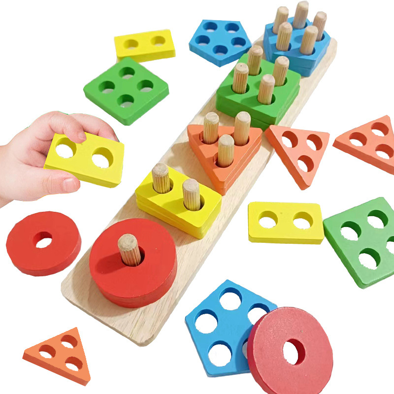 Cross-Border Cpc Kidsren's Scandinavian Style Morandi Color Five Sets of Columns Geometric Shapes Color Matching Building Block Set Column Toys