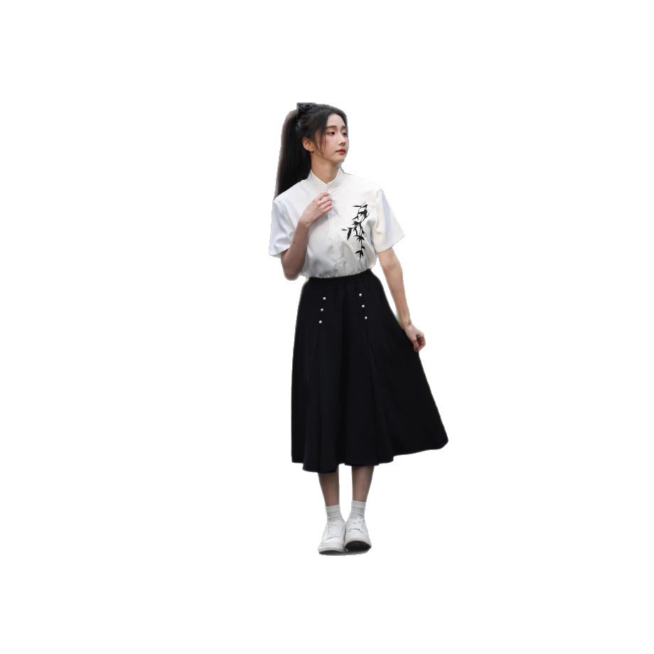 Summer Han Dynasty Chinese Style Ink Bamboo Embroider Choir Performance Clothing Junior High School Students Poetry Recitation School Uniform Class Uniform Suit