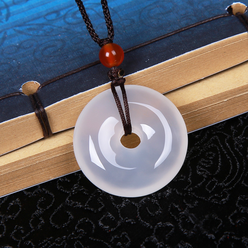 {Ping An Shunsui} Natural Ice Chalcedony Pendant Agate Jade Necklace for Men and Women
