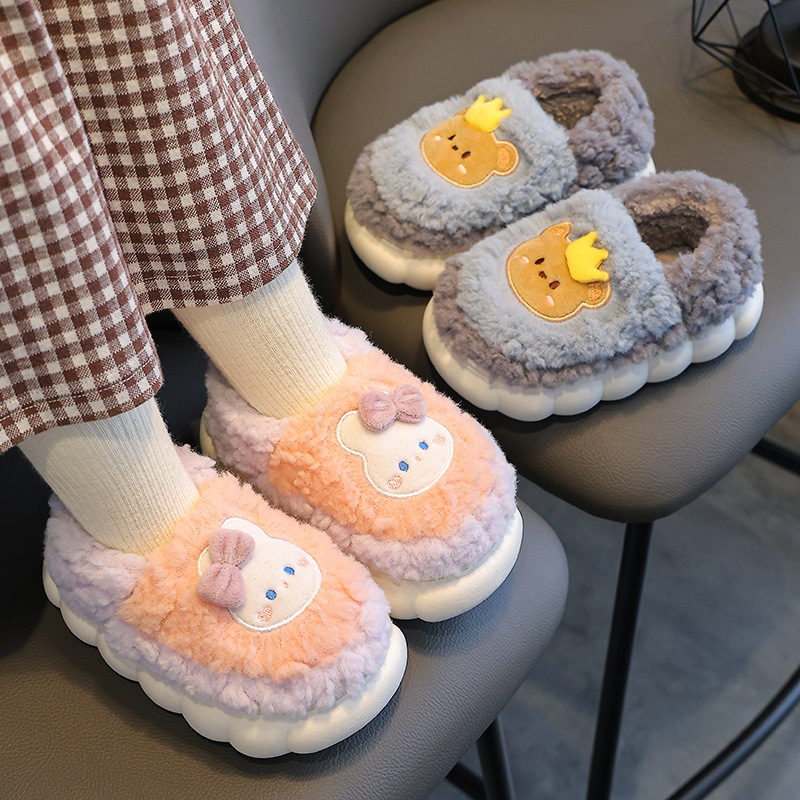 Children's cotton slippers winter bag heel boys and girls indoor non-slip plush shoes baby cute cartoon home parent-child shoes