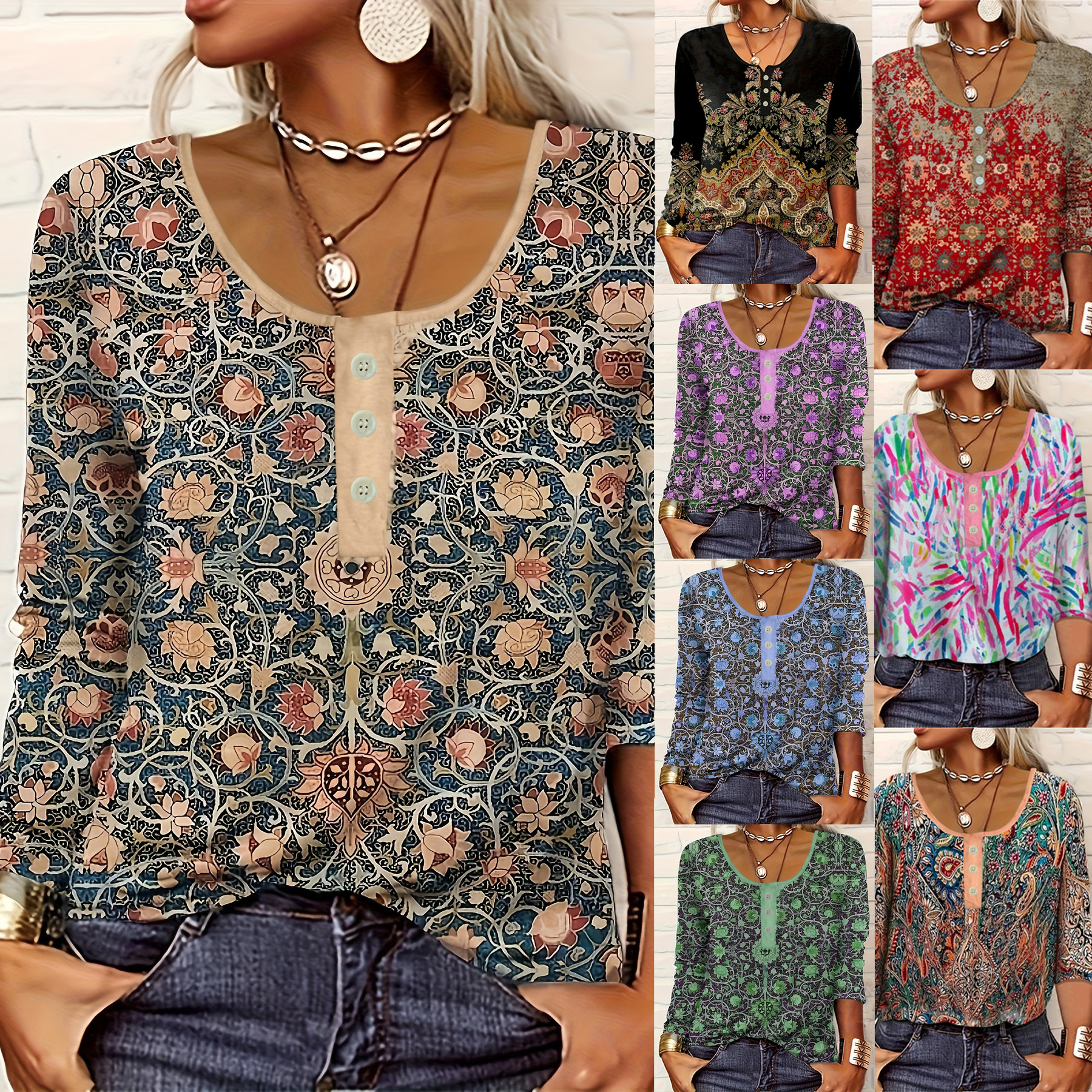 2024 Европейская и Американская Amazon TEMU независимая станция, женская футболка с V-образным вырезом, повседневный этнический стиль, печатная, большого размера