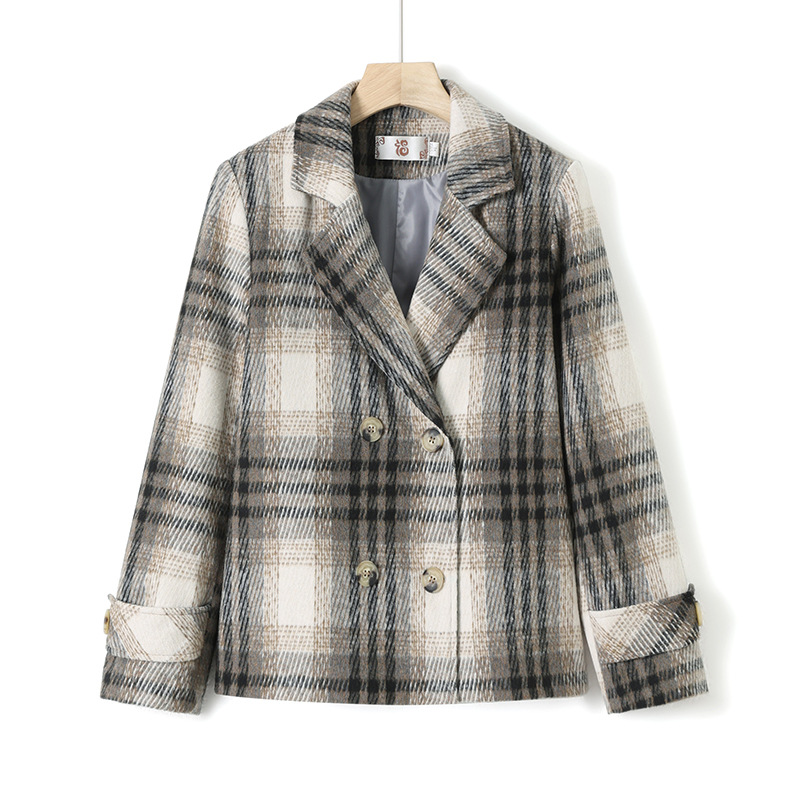 Middle-aged mother autumn plaid woolen coat short top middle-aged and elderly women's spring and autumn western style casual small suit