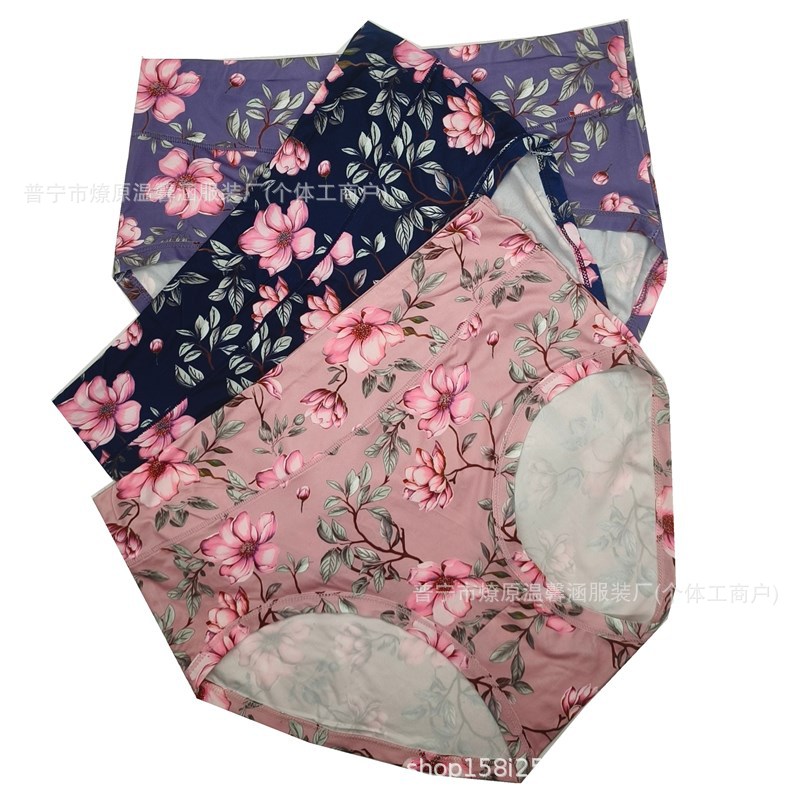 Plus Size Underwear for Women with Floral Pattern, Beautiful Size, Washed Mark, Sexy Buttocks, Export, Enlarged and Fattened High-Waisted Briefs