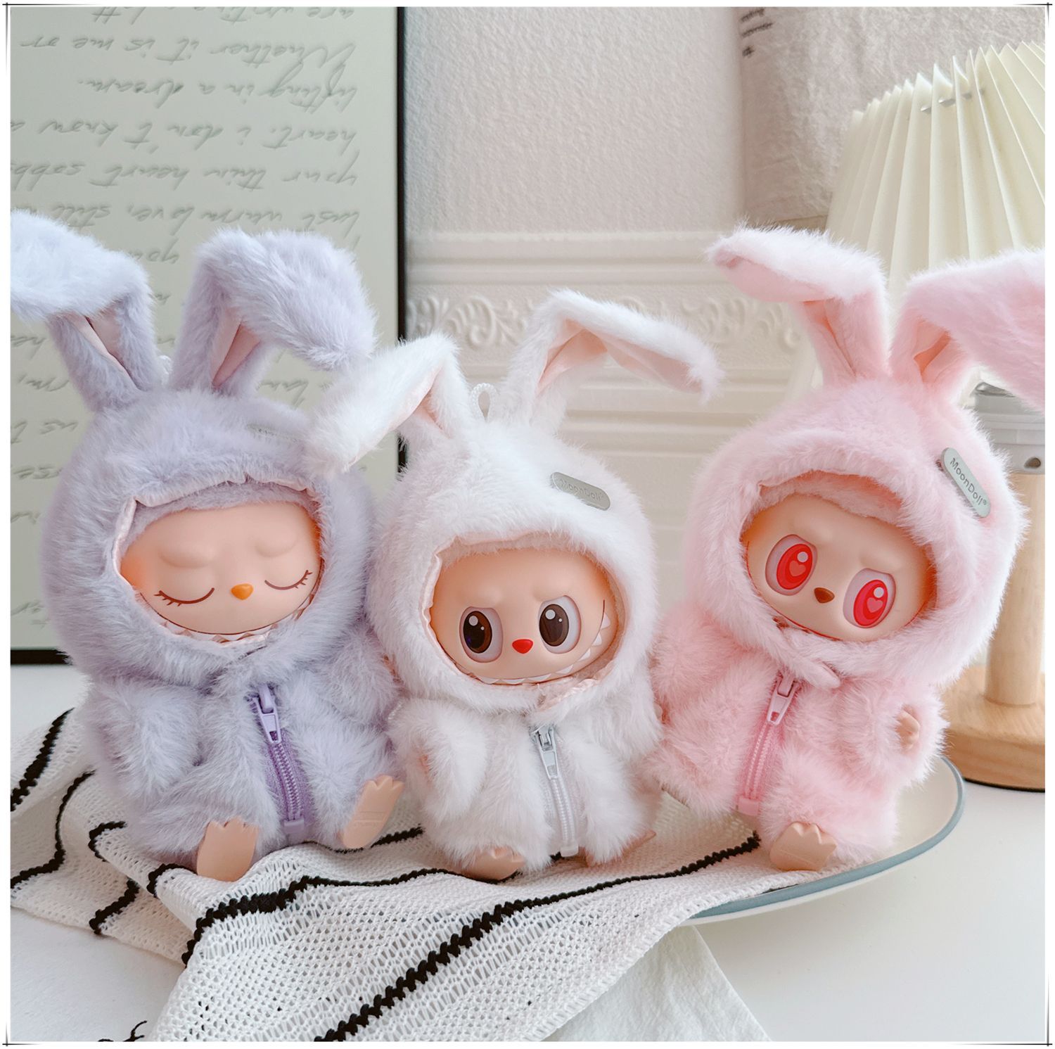 First and Second Generation Labubu Baby Clothes 17cm Labubu 10cm Cotton Doll Rabbit House Plush Hat Cute Rabbit Hat