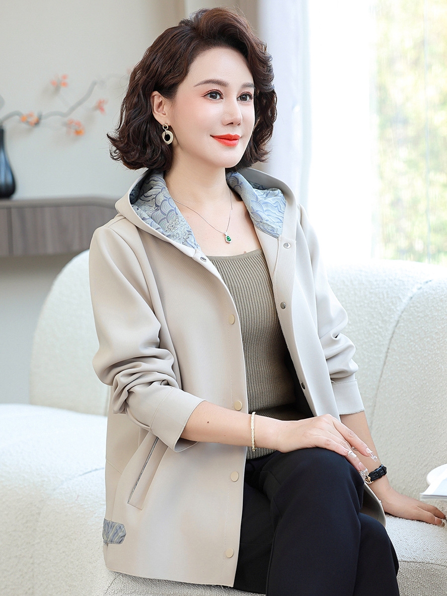 Mom's Spring Coat Middle-aged Women's Top Loose Middle-aged and Elderly 40-year-old 50 Spring and Autumn Hooded Top Jacket