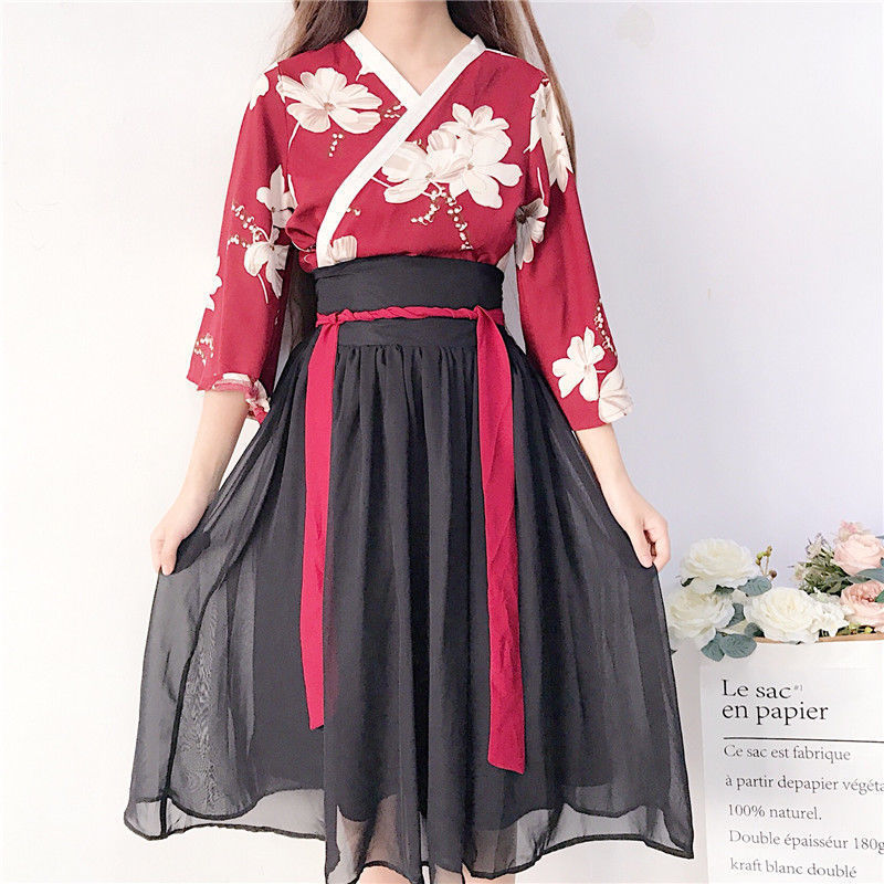 Chinese Elements Improved Girl's Flower Room Yao Daily Antique Class Clothes for Students Chinese Style Skirt Hanfu Fairy Republic of China