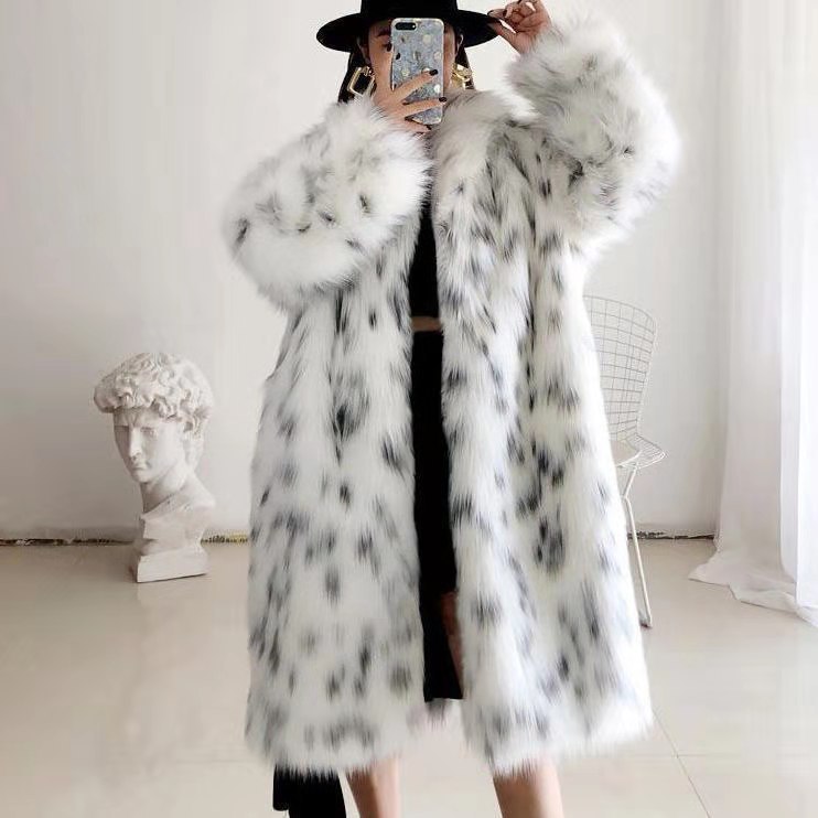 Europe and the United States cross-border fur coat wholesale bobcat leopard print fur women's long young lapel fox fur coat