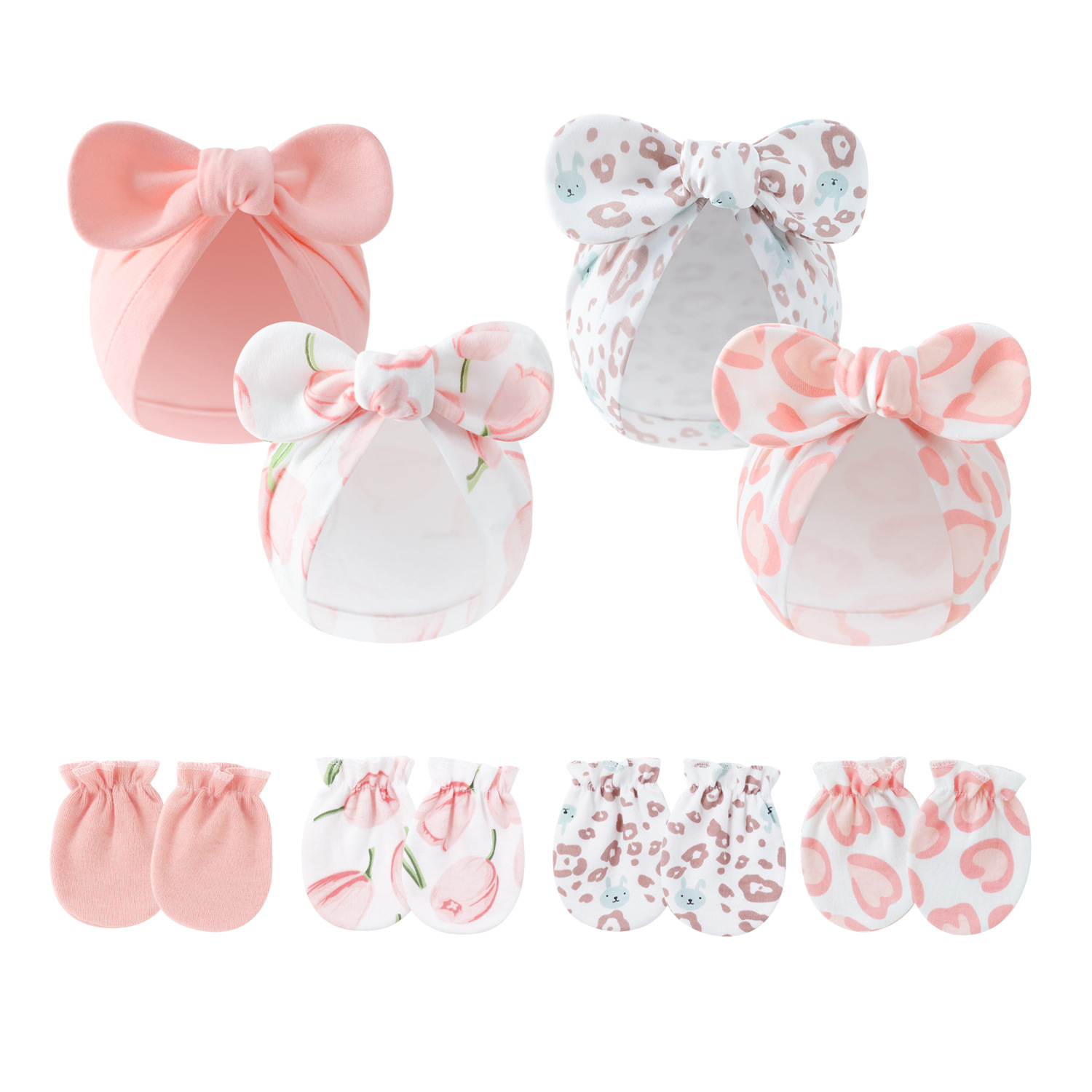 Foreign Trade Spring and Autumn Newborn Baby Fetal Hat Male and Female Baby Pullover Hat Rabbit Ear Bow Indian Hat Cotton Anti-scratch Gloves