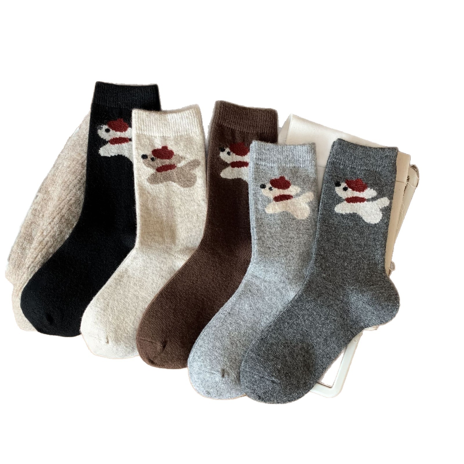 Wool Socks Winter Cute Cartoon Neck Warmer Puppy Long Socks Japanese Style Warm Thick Socks Seamless Coffee Color Women's Socks